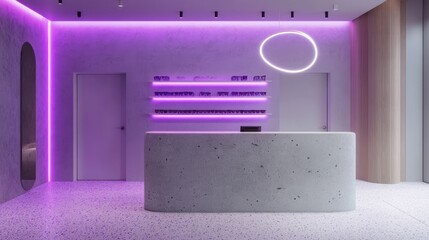 Wall Mural - Modern reception area, purple lighting, minimalist design, terrazzo floor, spa background