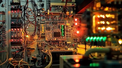 Poster - Complex electronic circuit board showing data processing with led lights blinking, highlighting the intricate connections and components within a technological device