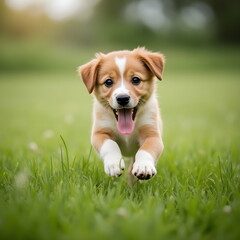 A cute puppy playing excitedly in the fields of the green grass. Generative Ai.