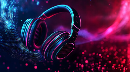 Poster - Futuristic Headphones with Neon Soundwaves in Dark Background