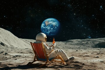 Wall Mural - back view of lunar astronaut opens a beer bottle while resting in a beach chair on moon surface, enj