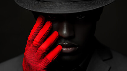 An African American man wearing a monochrome outfit with bright red gloves and a matching fedora, his intense gaze drawing focus