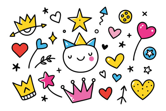 Colorful doodle seamless pattern with childish drawing elements. Pencil or pen doodle style seamless pattern with cute crowns, hearts, stars.