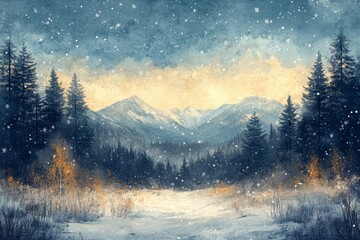 Sticker - Winter landscape with snow-covered mountains and evergreen trees during twilight