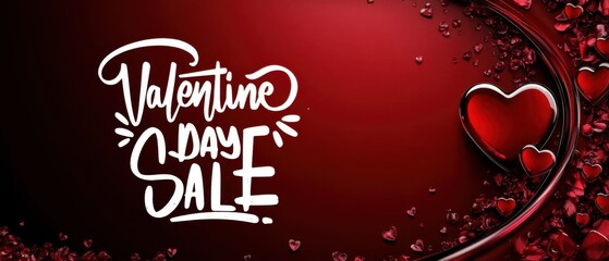 Valentines Day Sale banner with red hearts, rose petals, and elegant script on a rich red background Perfect for retail promotions, romantic marketing campaigns, and lovethemed designs
