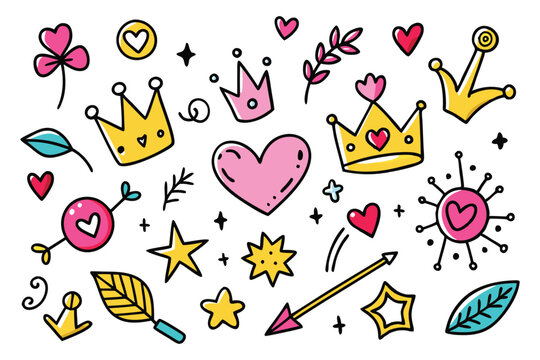 Colorful doodle seamless pattern with childish drawing elements. Pencil or pen doodle style seamless pattern with cute crowns, hearts, stars.