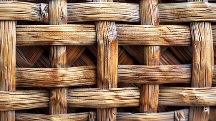 Poster - A close-up shot of a woven basket with a rustic, natural texture, highlighting the intricate pattern and warm tones of the wood.