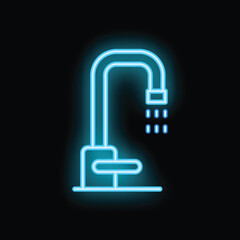 Poster - Blue neon sign of a water faucet pouring water, isolated on a black background