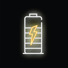 Poster - Neon sign glowing battery icon with a bright yellow lightning bolt inside