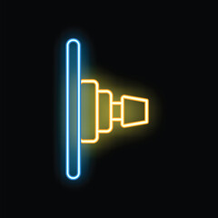 Poster - bright neon sign showing a dslr camera lens being mounted on a camera body on a black background