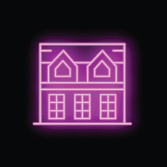 Poster - Neon sign featuring a residential building with multiple windows is glowing purple against a dark background