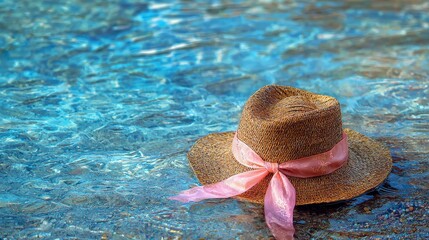 Straw hat with pink ribbon resting on sparkling blue water surface