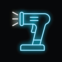 Poster - Bright blue neon icon of a barcode scanner glowing on a dark background