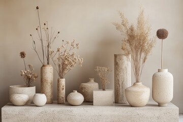 Wall Mural - Elegant arrangement of neutral-toned vases and dried flowers on a textured table in a minimalist interior space