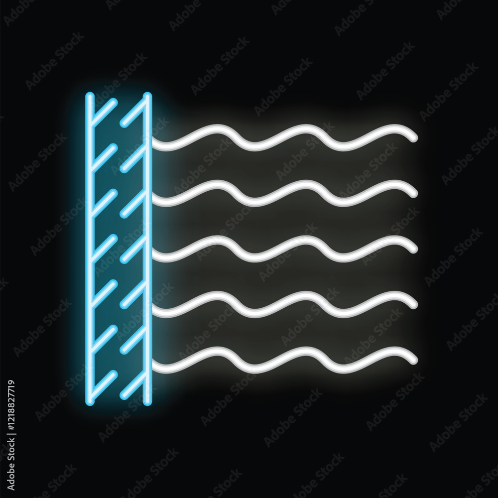 Blue and white neon style icon of a soundproof wall stopping sound ...
