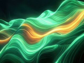 Poster - Fluid wave designs of green and orange light streaks on dark background abstract digital art modern aesthetic