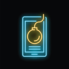 Poster - Glowing neon icon of a smartphone with a bomb symbol on the screen, representing online threats and cyber security risks