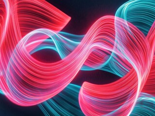 Poster - Dynamic radiant light streaks overlapping in bold red and cyan on black background modern abstract art digital design