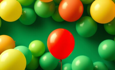 Wall Mural - Minimal concept outstanding red balloon floating with green balloons on green background balloon background balloon background party holiday celebration decoration