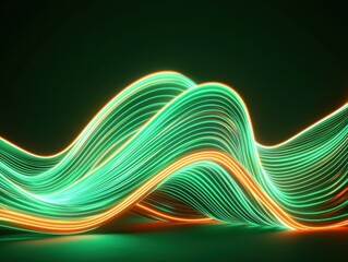 Poster - Fluid wave designs of radiant green and orange light streaks on dark background abstract art digital design modern aesthetics