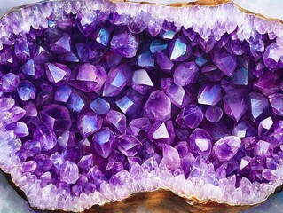 Poster - Artistic display of polished amethyst geode with deep purple crystals elegant mood nature close-up view