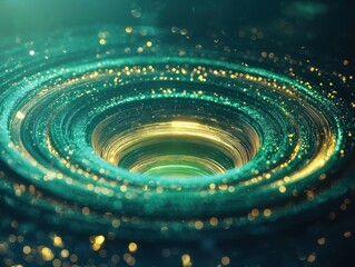Poster - Dynamic circular patterns of radiant green and gold light trails on dark background abstract art elegant and bold