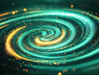 Poster - Dynamic circular patterns of radiant green and gold light trails glowing on dark background