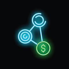Poster - Neon icon representing the concept of copyright generating money with blue circles connected to green dollar sign