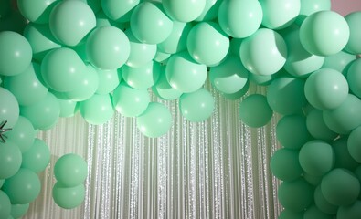 Wall Mural - Mint green balloon arch with silver sparkles birthday and wedding backdrop trendy decor for celebration balloon background balloon background party holiday celebration decoration