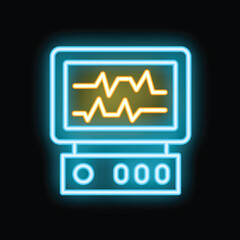 Poster - Glowing neon icon of a heart rate monitor displaying vital signs on a black background