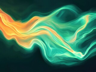 Poster - Fluid wave designs of radiant green and orange light streaks on dark background for stylish visuals