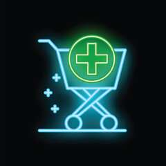 Poster - Neon shopping cart icon with green medical cross sign glowing on a black background