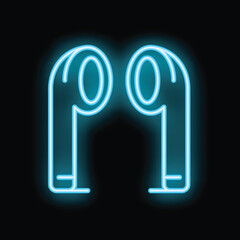 Poster - Bright blue neon sign depicting a pair of wireless earbuds on a black background