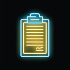 Poster - glowing neon line clipboard with checklist icon isolated on black background. vector illustration