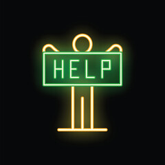 Poster - Stick figure is holding a help sign in neon light style