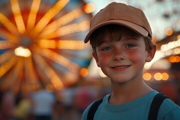 Young boy smiles brightly at a vibrant fair with glowing lights during a summer evening