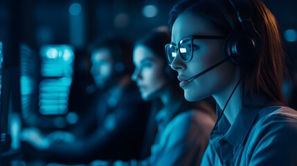Poster - Focused Female Customer Support Agent Wearing Headset Professional Business Woman Working Night Shift Office Technology Helpline Service Desk Support Team Blue 