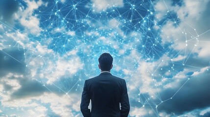 Poster - Businessman Vision Global Network Cloud Computing Digital Sky Future Technology Innovation Success Strategy Planning Ideas Modern Businessman Looking Up at a   
