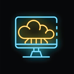 Poster - neon sign depicting cloud computing connecting with a computer monitor, symbolizing data storage and