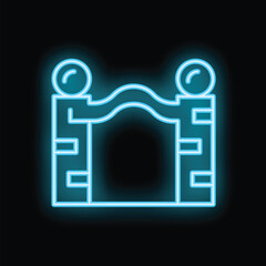 Poster - Blue neon icon of a gate entrance with brick columns and round lamps on top, glowing on a black background