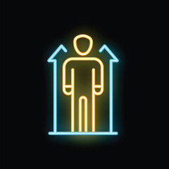 Poster - Neon sign representing a person standing between two upward arrows, symbolizing career growth, personal development, and ambition