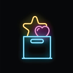 Poster - Neon shopping bag with heart and star icons floating above it on a black background