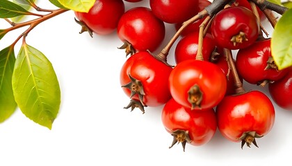 Wall Mural - Close up of bright red rose hips on a branch with green leaves on white backdrop