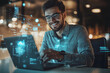 © Martinesku - Profile of a young man with eye glasses, focused on digital code lines on a monitor screen. Software Developer Working on Innovative e-Commerce App using AI, Big Data