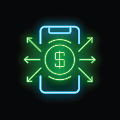 Poster - Neon icon of a smartphone showing a mobile payment system with arrows going in and out, representing money transfers