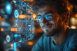 © Martinesku - Profile of a young man with eye glasses, focused on digital code lines on a monitor screen. Software Developer Working on Innovative e-Commerce App using AI, Big Data