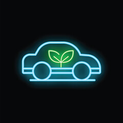 Poster - glowing neon line electric car icon isolated on a black background concept of green energy and trans