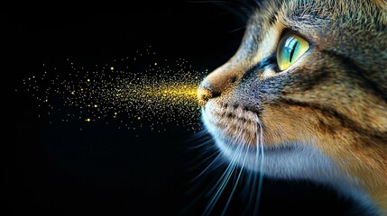 Wall Mural - Cat Exhaling Golden Dust, Dark Background