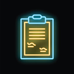 Poster - vibrant neon sign representing a clipboard with a signed document, symbolizing tasks, agreements, or