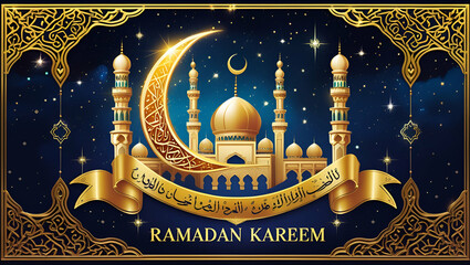 Wall Mural - ramadan kareem moon and mosque shiny golden banner design Ai Generative 